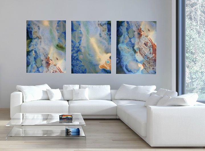 Blue art prints in a living room