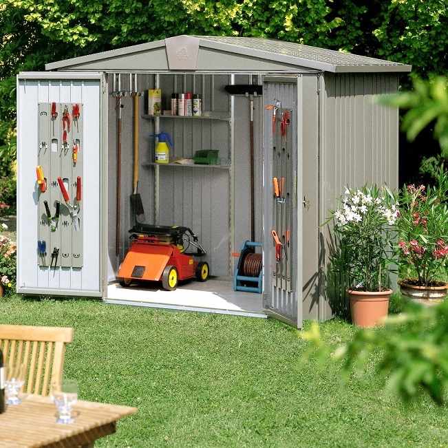 Garden shed with flower pot