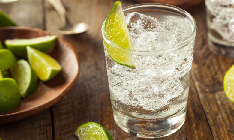gin in a glass with lime and ice cubes
